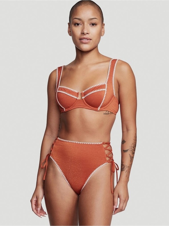 Victoria's Secret Other - Victoria Secret Rust Orange High-Waist Lace-Up Bikini Set 38 B Top/Medium Bottom